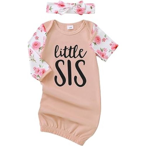 AMAWMW Newborn Baby Girl Little Sister Sleeper Gown Stripe Long Sleeve Nightgown Pajamas Gifts Stuff Essential Outfit