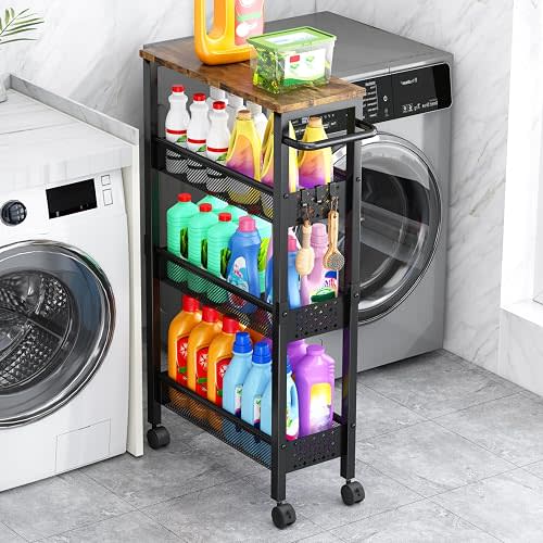 Vivihomety Utility Slim Storage Cart with Wheels, 4 Tier Small Rolling Cart with Wood Top, Metal Kitchen Bathroom Laundry Room Organization Trolley with Handle for Narrow Space – Black