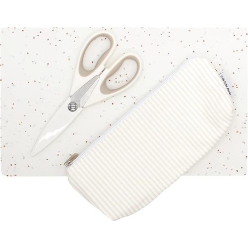 Yeah Baby Goods Toddler Restaurant Essentials Kit – Stripes Baby Feeding Set w/Food Scissors, Silicone Placemat & Wipeable Zipper Tote