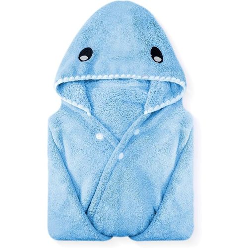 ROMASA Toddler Hooded Bath Towel Ultra Soft Towel Highly Absorbent Bathrobe Blanket for Boys Girls- 27.5" x 55"(Blue Shark-Shape)