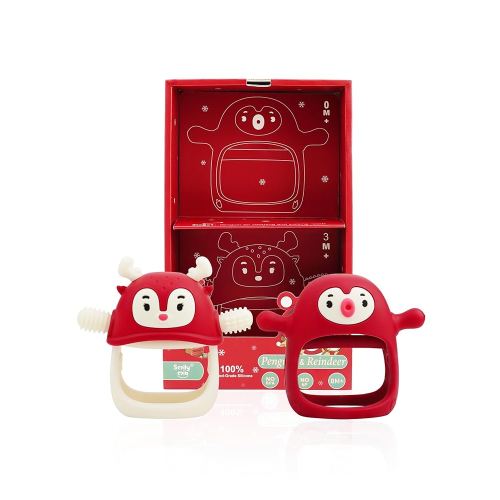 Baby Christmas Stocking Stuffers-Smily Mia Penguin Buddy and Reindeer 2 in 1 Christmas Gift/Toy Set for 0-12 Months Teething Babies, Teeting Mittens For Babies, Infant Christmas Gift Box-Christmas Red