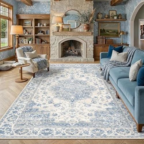 Washable 8x10 Area Rug for Living Room Light Blue Vintage Large Rug Non-Slip Soft Low Pile Carpet Floral Stain Resistant Indoor Office Throw Rug for Bedroom Dining Room Nursery
