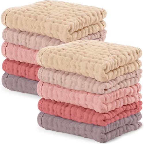Comfy Cubs Muslin Baby Washcloths 25x25cm 10 Pk Cotton Wash Cloths Multi Girl | Soft 6-Layer 100% Muslin Washcloths for Sensitive Skin - Gentle Absorbent Baby Cotton Washcloths for Newborns and Toddlers