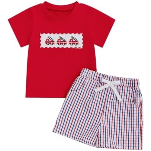 KMBANGI Toddler Baby Boy Fireman Outfit Short Sleeve Fire Truck Shirt Plaid Shorts Boys 2Pcs Smocked Summer Clothes 3M-4Y