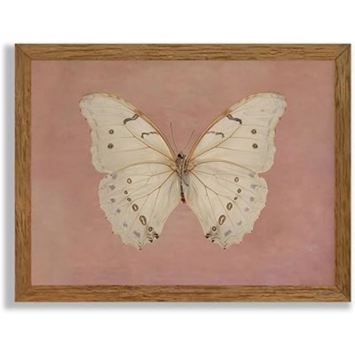Wojuin Framed Pink Vintage Butterfly Canvas Wall Art, Neutral Moody Insect Farmhouse Wall Decor, Antique White Moth Aesthetic Poster Print for Living Room Bedroom Bathroom Dorm Office 8x10 in
