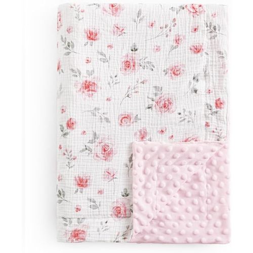 david's kids Muslin Minky Baby Blanket for Girls with Muslin Cotton Front and Dotted Fleece Backing, Breathable and Soft Lightweight Receiving Blanket for Newborns, 50x60 Inches, Floral