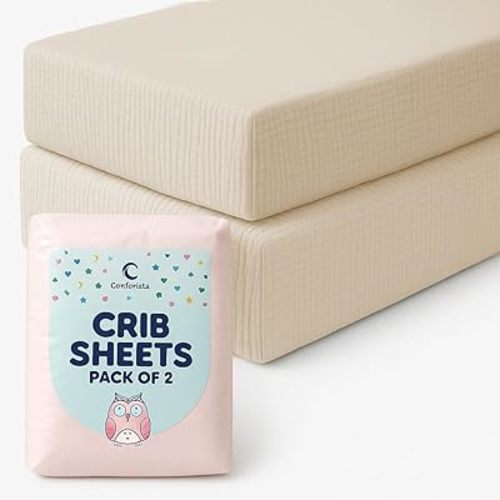 Organic Crib Sheets Large Size 52x28x9 Inches 2 Pack Beige Muslin Sheets, Gentle Baby Crib Bedding, Stretchy Fit for Rectangular & Oval Crib Mattress, No Shrink After Wash