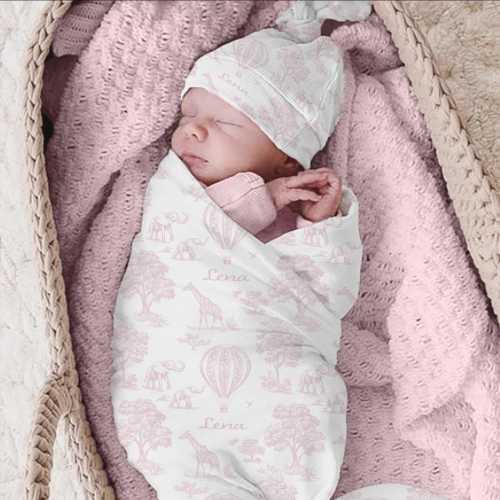 Pink Toile Baby Girl Personalized Safari Swaddle Set/Keepsake New Baby Gift/Newborn Hospital Photo Prop/French Country Nursery Bedding