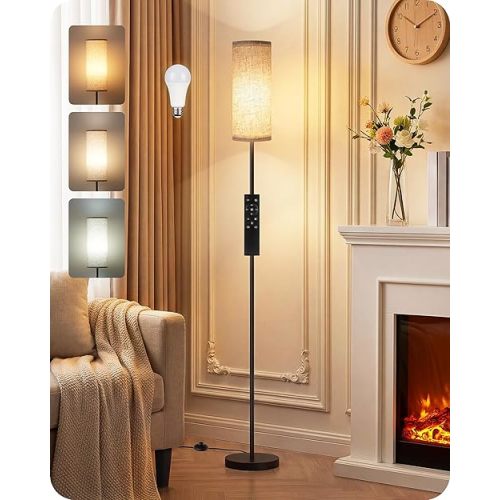 64.4” Dimmable Floor Lamp for Living Room with Remote and Foot Switch, Modern Standing Tall Lamp, Corner Floor Lamp for Bedroom, 10W 900LM LED Bulb Included, 3000K-6500K, Beige, FCC Listed E06LD05W1