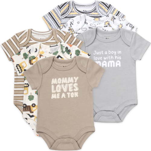 Baby Essentials Baby Boy 6 Pack Short Sleeve Bodysuit Romper, Baby Outfit Set (6 months,Mommy Loves Me a Ton Grey Neutral)