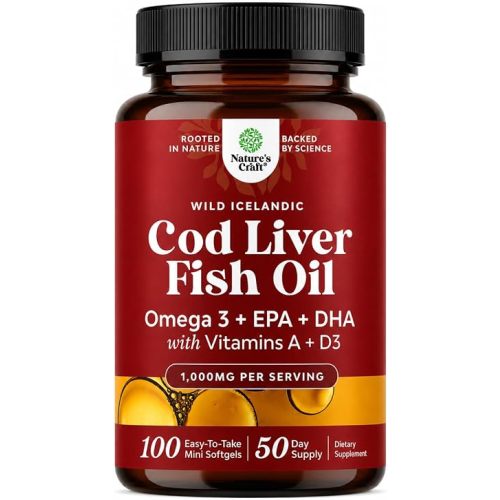 Icelandic Wild Caught Cod Liver Oil Softgels - Fish Omega 3, EPA, DHA, Vitamin D & A, 1000mg Per Serving - Burpless Capsules for Heart, Joint, Brain & Immune Support - 100 Count