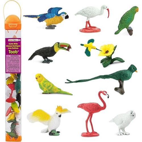 Safari Ltd. Exotic Birds TOOB - 10 Figurines: Parakeet, Quetzal, Macaw, Hummingbird, Toucan, Cockatoo, Flamingo, Snowy Owl, Parrot - Educational Toy Figures For Boys, Girls & Kids Ages 3+