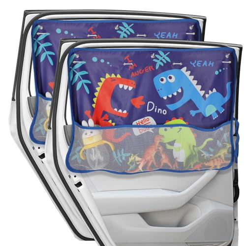 DIZA100 Car Window Shade for Baby, 2 Pack Car Sun Shades with Storage Net Pocket Auto Window Curtain 7 Suction Cups Blue Dinosaurs for Sun/Heat/UV Rays Protection Kids