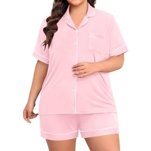 SWOMOG Women's Plus Size Pajama Set Button Down Short Sleeve Top and Shorts Sleepwear Soft Pj Lounge Sets with Pockets 18-26W