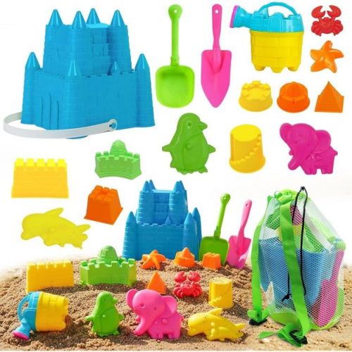 4E's Novelty 17pc Kids Beach Toys Set with Bucket, Shovels, Sand Molds & Mesh Storage Bag – Sandcastle Building Toys for Beach & Sandbox Play
