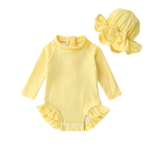 YOUNGER TREE Infant Baby Girls Swimsuit Long Sleeve Swimsuits One Piece Swimsuit Solid Color Bathing Suit with Hat, UPF 50+