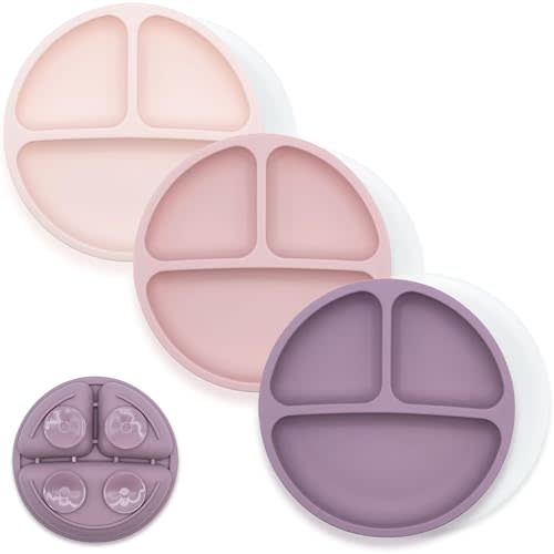 WeeSprout Suction Plates with Lids for Babies & Toddlers, 100% Silicone Dinnerware Stays Put, Divided Design for Picky Eaters, Microwave & Dishwasher Friendly, 3 Pack (Matte Pink, Purple, Blush Pink)