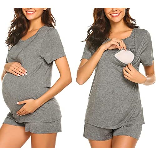 Ekouaer Women's Maternity Nursing Pajama Set Breastfeeding Sleepwear Set Double Layer Short Sleeve Top & Pants Pregnancy Pjs Dark Grey M