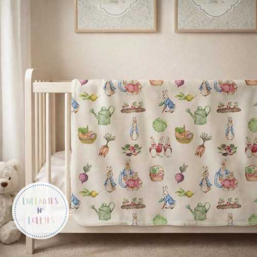 Fleece Baby Blanket, Peter Rabbit Garden Theme Beatrix Potter Inspired Pattern Nursery Bedding, Play Mat, Baby Shower Gift, Newborn Swaddle
