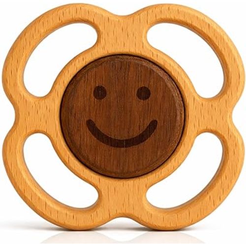 Wooden Teether for Babies 0-12 Months, Baby Teether Toy - Organic Teething Toy with Gentle Rattle – BPA-Free, No Paint, No Plastic – Montessori Sensory Toy, Newborn Gift
