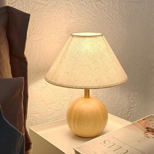 Wood Table Lamp for Bedroom, Flaxen Fabric Shade Small Desk Lamp for Living Room,Décor Ambient Bedside Lamps for Night Stands,LED Bulb (not Included)