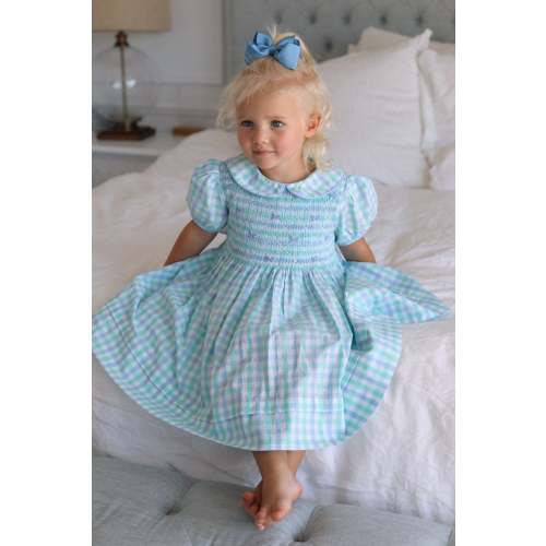 Dorothy Handsmocked Dress- Mint + Sky 6-12M