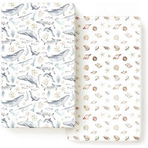 GRSSDER Stretchy Ultra Soft Jersey Knit Fitted Crib Sheets Set 2 Pack, Fit All Standard Crib Mattresses Safe and Snug, Beautiful Marine Organism for Boys and Girls