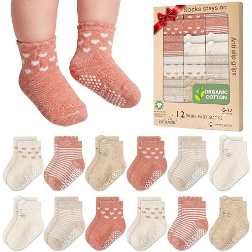 GOTS Certified Organic Cotton Newborn Baby Socks 12 Pair For 6-12 (M) Baby Boy Soft, Stretchable & Comfortable Baby grip Socks, Premium Newborn Baby Socks, Gift for Little Boys, Peach & Beige