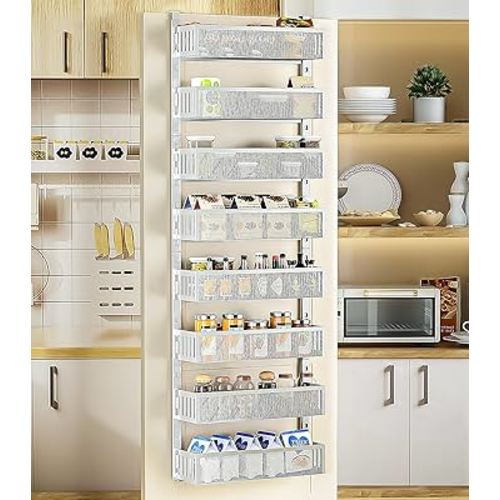 8-Tier Over The Door Pantry Organizer with Mesh Baskets, Adjustable & Stable Hanging Spice Rack for Kitchen, Bathroom, Bedroom, and Baby Essentials Storage (16" W 8-Tiers, White)