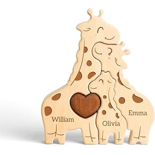 Wooden Giraffe Family Puzzles, Personalized Puzzles with 2–5 Names, Christmas Birthday Thank You Gift for Mom Dad from Daughter Son, Custom Cute Wood Puzzle for Family Kids
