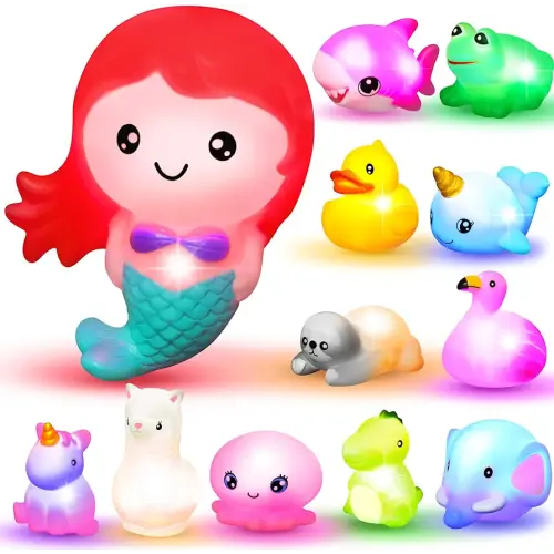 JOYIN 12Pcs Light Up Bath Toys, Toddler Flashing Colourful LED Bathtub Mermaid Toy, Baby Bathtime Floating Rubber Shower Toy for Infant Baby Kids Boy Girl Birthday Valentines Gift Swimming Pool Party