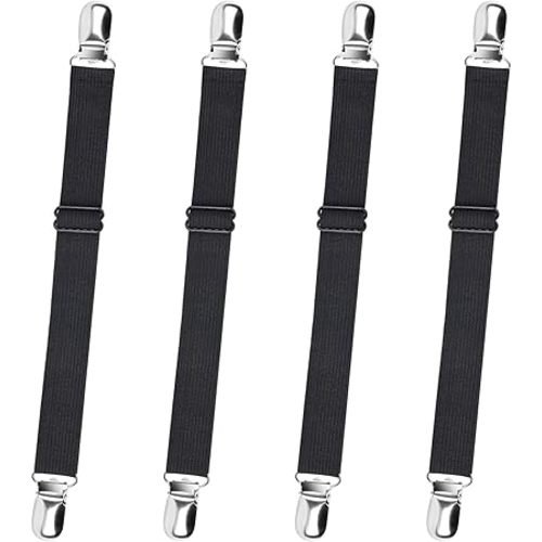 Sopito Bed Sheet Straps, Adjustable Elastic Fitted Sheet Corner Holders Straps to Stay in Place, Non-Slip Fasteners Clips Compatible for Crib to King Size Bed, Black 4Pcs