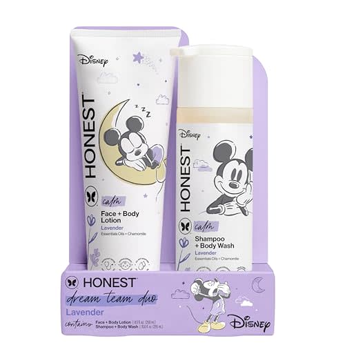 The Honest Company 2-in-1 Cleansing Shampoo + Body Wash and Face + Body Lotion Bundle + Disney Design | Gentle Enough for Baby | Dermatologist Tested | Calm Lavender, 18.5 fl oz