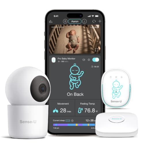 Sense-U Pro Baby Movement Monitor with 2.5K PTZ Camera: Track Movement with Gentle Vibration, Sleep Position, Temperature Notifications, 2.5K Video, Background Audio, No Monthly Fee