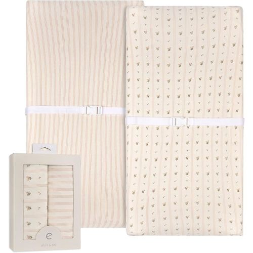Ely’s & Co. Changing Pad Cover | Cradle Sheets, 2 Pack Diaper Changing Table Sheets for Baby Girls, 100% Jersey Knit Cotton, 32”x16”x5” Pink Linear Floral Collection
