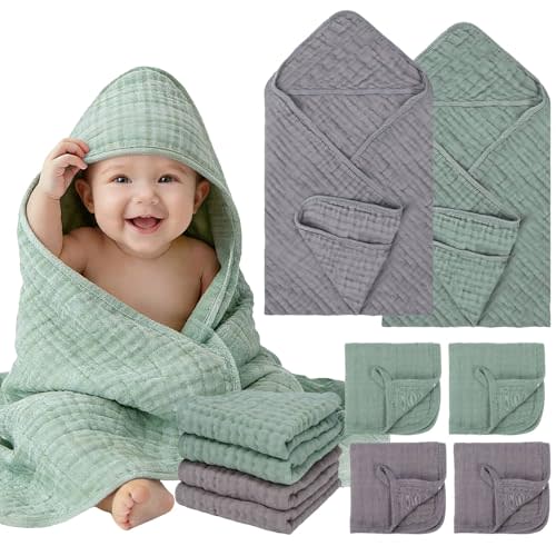 6 Pcs Muslin Hooded Baby Bath Towels Sets - 2 Pack 100% Cotton Baby Towel & 4 Pack Muslin Washclothes- 32x32Inch Baby Towels Cotton for Babies, Infants, Toddlers, 100% Cotton, Bath Essentials