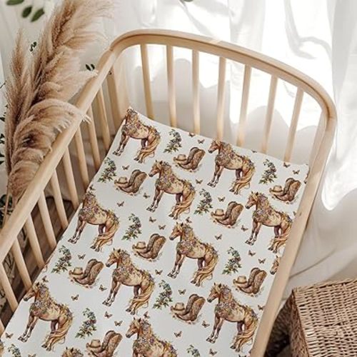 Vintage Western Cowgirl Horse Butterflies Fitted Baby Crib Sheet for Boys Girls 28"x52" Breathable Retro Cowgirls Boot Hat Wild Flowers Baby Sheet for Standard Crib and Toddler Bed Mattress