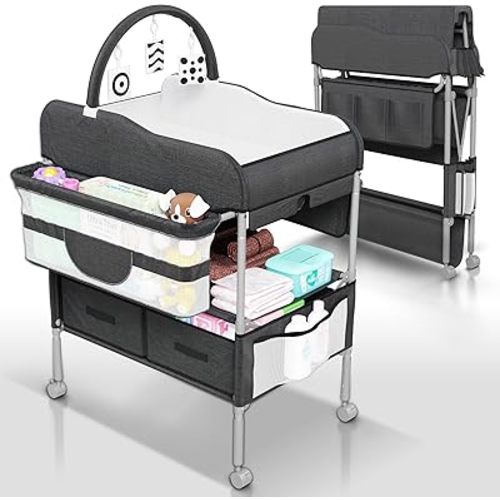 Baby Changing Table Black with Storage - Collapsible Baby Diaper Changing Station with Toy Holder, Baskets - Diaper Changing Table for Small Spaces, Portable Changing Table for Baby