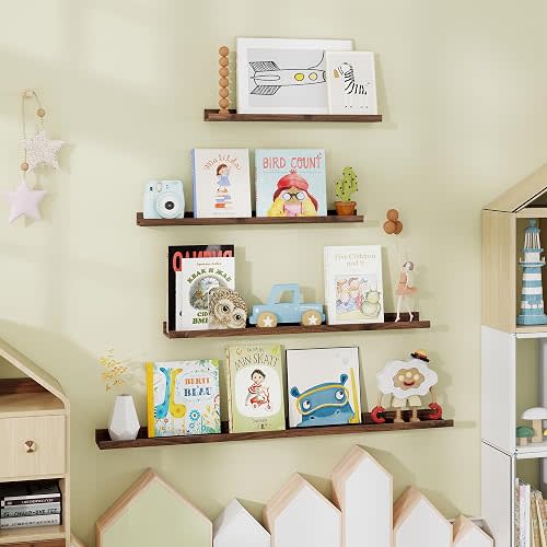 Picture Ledge Shelf - 24 Inches Floating Shelves Set of 4 - Nursery Bookshelves for Storage - Wood Bookshelf Wall Mounted for Bedroom - Living Room - Kitchen - Walnut Color
