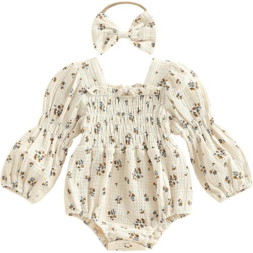 Smocked Baby Girl Clothes Newborn Girl Bubble Romper Long Sleeve Jumpsuit And Headband Outfit Cute Infant Clothing