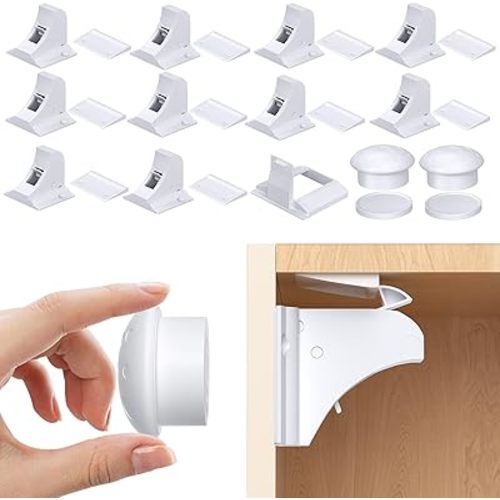 Child Safety Magnetic Cabinet Locks, AOSITE 10 Pack+2 Keys Baby Proofing Magnetic Drawer Locks for Kitchen with Adhesive No Drilling or Screws Fixed, Baby Safety Cabinet Locks