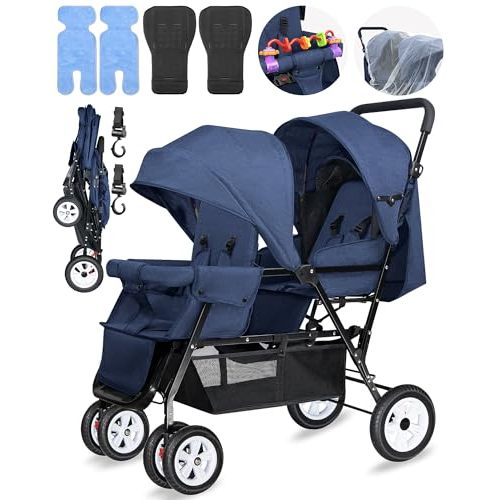 Double Stroller for Infant Toddler, Foldable Double Baby Stroller with Tandem Seating and Adjustable Backrest - Extra Gift Toys/Mosquito Net/Sleeping Mats/ 2 Cotton Pads/ 2 Hooks (Blue)