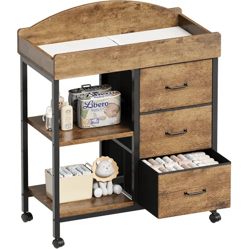 Changing Table Dresser, Baby Dresser with 3 Fabric Drawers and 2 Shelves, Multi-Functional Baby Changing Table with Pad, Classic Nursery Dresser, Diaper Changing Station, Rustic Brown