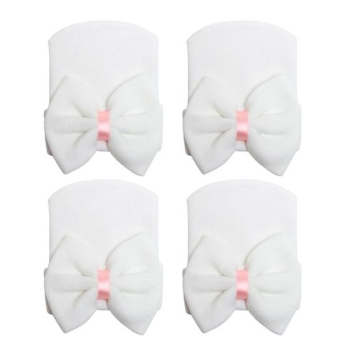 DRESHOW BQUBO 4 Pack Newborn Hospital Hat Infant Baby Hat Cap with Big Bow Soft Cute Knot Nursery Beanie