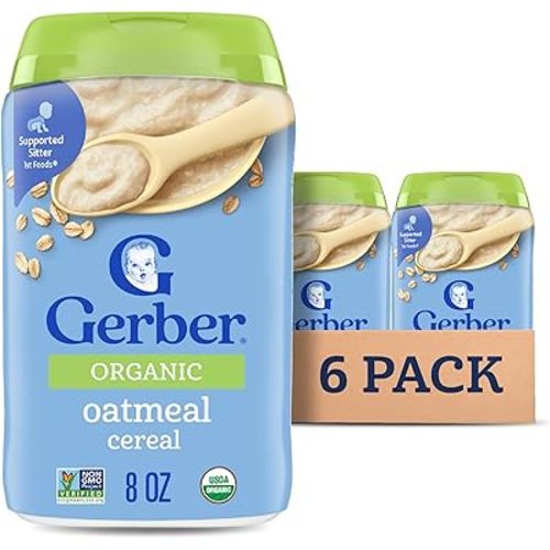 Gerber Stage 1 Baby Food, Organic Baby Oatmeal Cereal, 14g Whole Grains, Iron, Zinc & Vitamin B12, Infant Cereal, 6-Pack