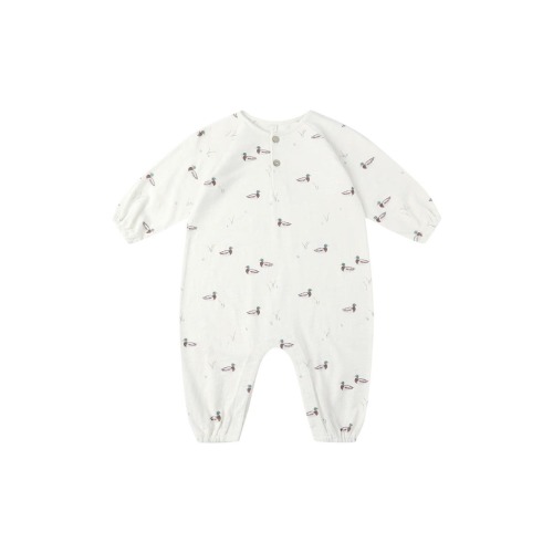 Duck Print Cotton Henley Bubble Romper, 6-12M