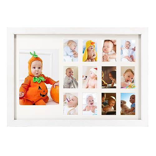 GMFrames 12 Month Picture Frame Baby First Years Photo Frames School Years Graduation Photo Collage White Horizontal Frame with Mat, Displays One 5x7 Photo and Twelve 2x3 Pictures