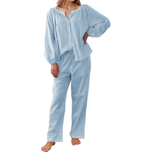 Flygo Womens Gingham Pajama Set 2 Piece Cotton Plaid Raglan Sleeve Button Top Straight Leg Pants Pjs Y2K Lounge Set Sleepwear