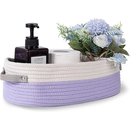 Cotton Rope Woven Basket Toilet Paper Baskets for Organizing Decorative Basket for Boho Decor Small Storage Basket Gift Baskets 13"x5.9"x4" Purple