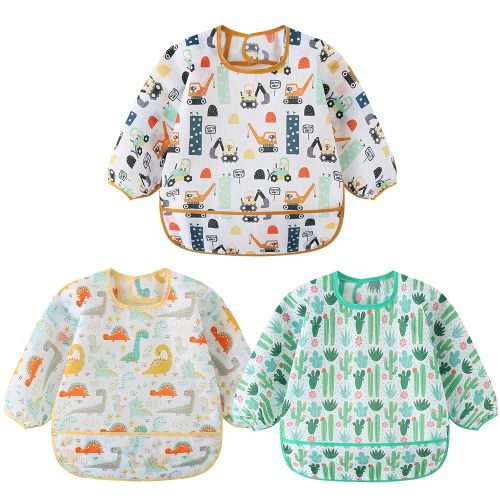 3 Pcs Waterproof Long Sleeves Baby Bibs Weaning Smock Bib 3-24 Months